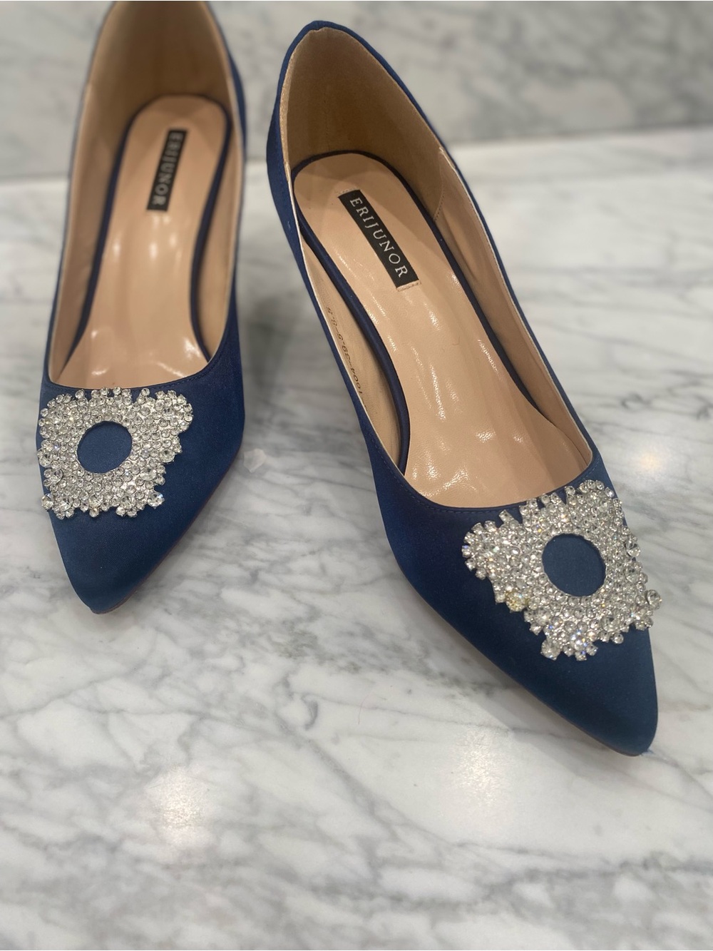 Navy Satin Pointed-Toe Pumps with Crystal Brooch
